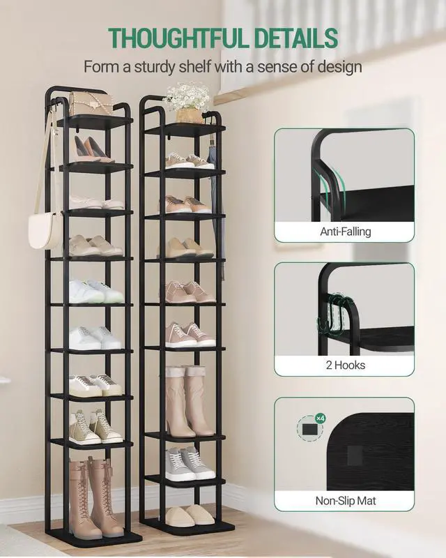 Alt view image 3 of 7 - Vertical Shoe Rack, Shoe Shelves, Wood Shoe Organizer for Closet, Entryway, Shoe Tower for Small Spaces, Free Standing, Adjustable, with 2 Hooks, 10 Tier Black SR11204B