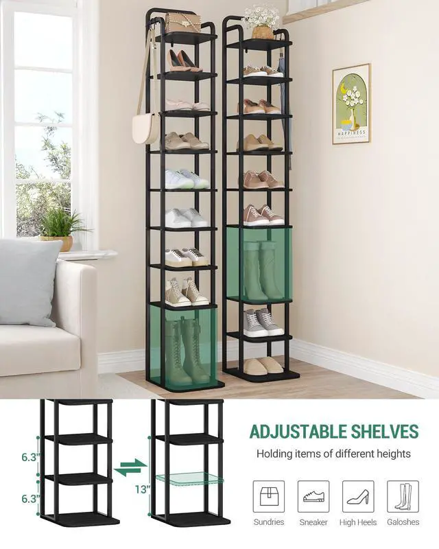 Alt view image 4 of 7 - Vertical Shoe Rack, Shoe Shelves, Wood Shoe Organizer for Closet, Entryway, Shoe Tower for Small Spaces, Free Standing, Adjustable, with 2 Hooks, 10 Tier Black SR11204B