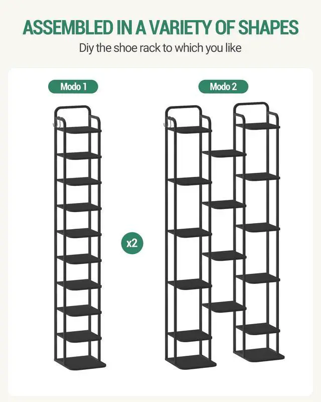 Alt view image 5 of 7 - Vertical Shoe Rack, Shoe Shelves, Wood Shoe Organizer for Closet, Entryway, Shoe Tower for Small Spaces, Free Standing, Adjustable, with 2 Hooks, 10 Tier Black SR11204B