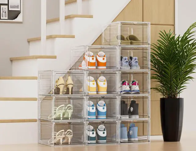 Alt view image 2 of 7 - Shoe Storage, 8 Pack Shoe Organizer Clear Hard Plastic Shoe Box, Shoe Boxes Clear Plastic Stackable, Shoe Boxes with Lids for Size 13