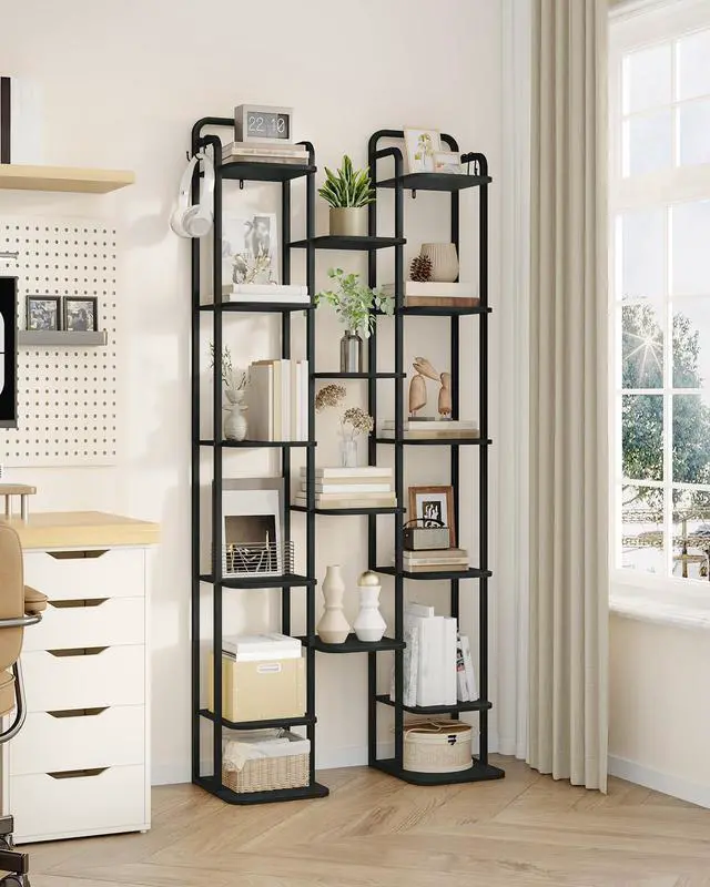 Alt view image 6 of 7 - Vertical Shoe Rack, Shoe Shelves, Wood Shoe Organizer for Closet, Entryway, Shoe Tower for Small Spaces, Free Standing, Adjustable, with 2 Hooks, 10 Tier Black SR11204B