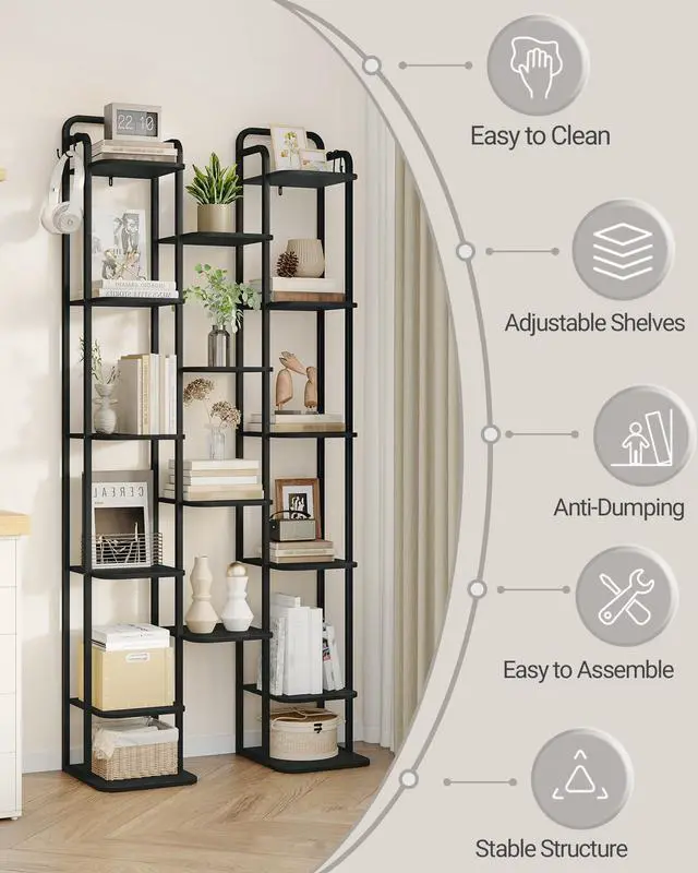 Alt view image 7 of 7 - Vertical Shoe Rack, Shoe Shelves, Wood Shoe Organizer for Closet, Entryway, Shoe Tower for Small Spaces, Free Standing, Adjustable, with 2 Hooks, 10 Tier Black SR11204B