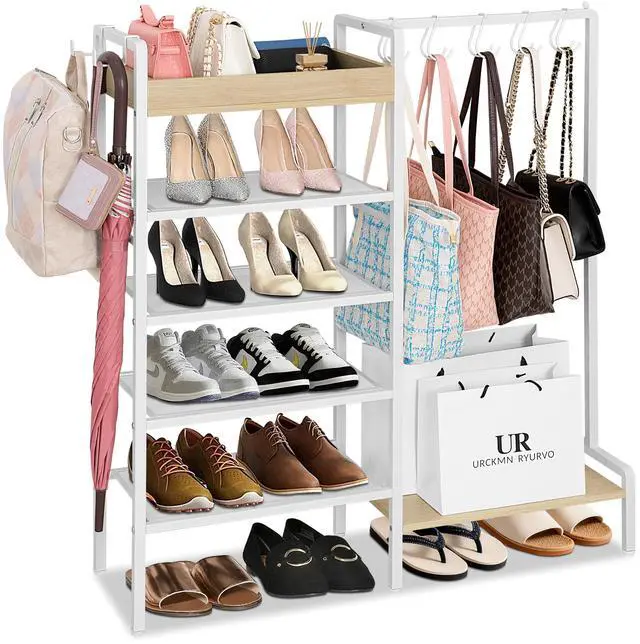 Main image of 2-in-1 Shoe Rack for Closet with Purse Organizer, 5 Tier Shoes Shelf with Wooden Tray and Removable Shelves, Storage Organizer for Entryway, Garage, Hold Boots, Backpacks, White