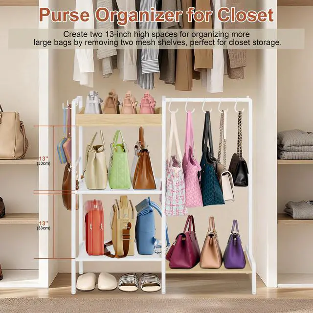 Alt view image 2 of 6 - 2-in-1 Shoe Rack for Closet with Purse Organizer, 5 Tier Shoes Shelf with Wooden Tray and Removable Shelves, Storage Organizer for Entryway, Garage, Hold Boots, Backpacks, White