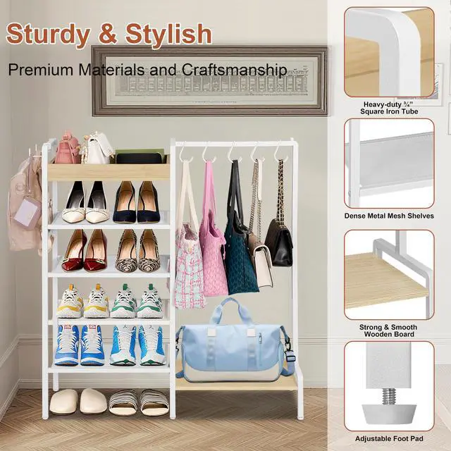 Alt view image 3 of 6 - 2-in-1 Shoe Rack for Closet with Purse Organizer, 5 Tier Shoes Shelf with Wooden Tray and Removable Shelves, Storage Organizer for Entryway, Garage, Hold Boots, Backpacks, White