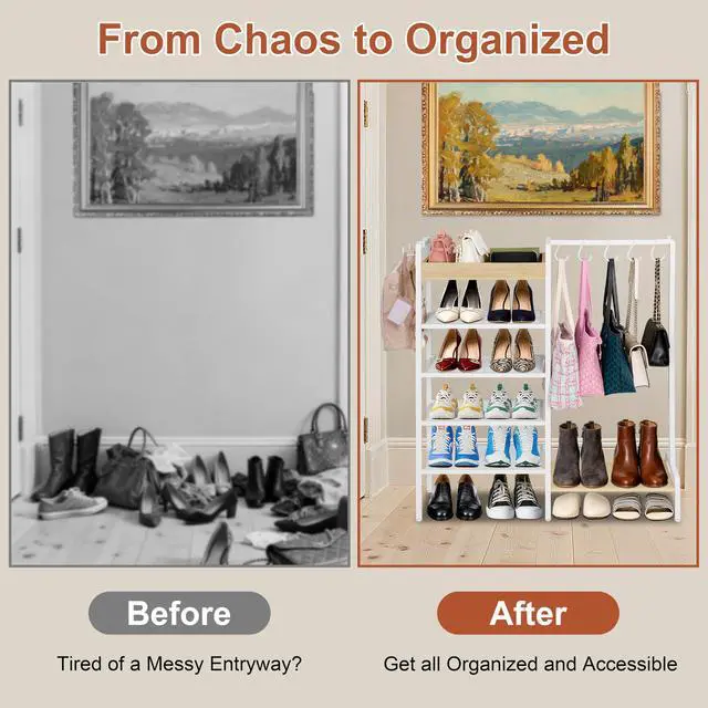 Alt view image 4 of 6 - 2-in-1 Shoe Rack for Closet with Purse Organizer, 5 Tier Shoes Shelf with Wooden Tray and Removable Shelves, Storage Organizer for Entryway, Garage, Hold Boots, Backpacks, White