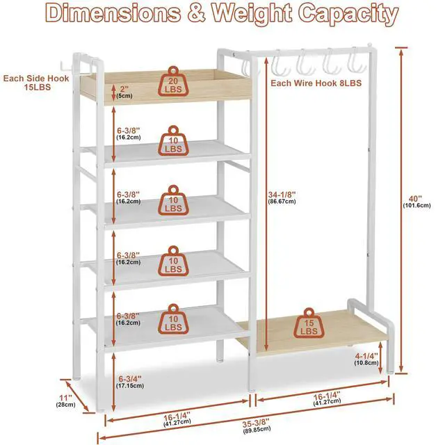 Alt view image 5 of 6 - 2-in-1 Shoe Rack for Closet with Purse Organizer, 5 Tier Shoes Shelf with Wooden Tray and Removable Shelves, Storage Organizer for Entryway, Garage, Hold Boots, Backpacks, White