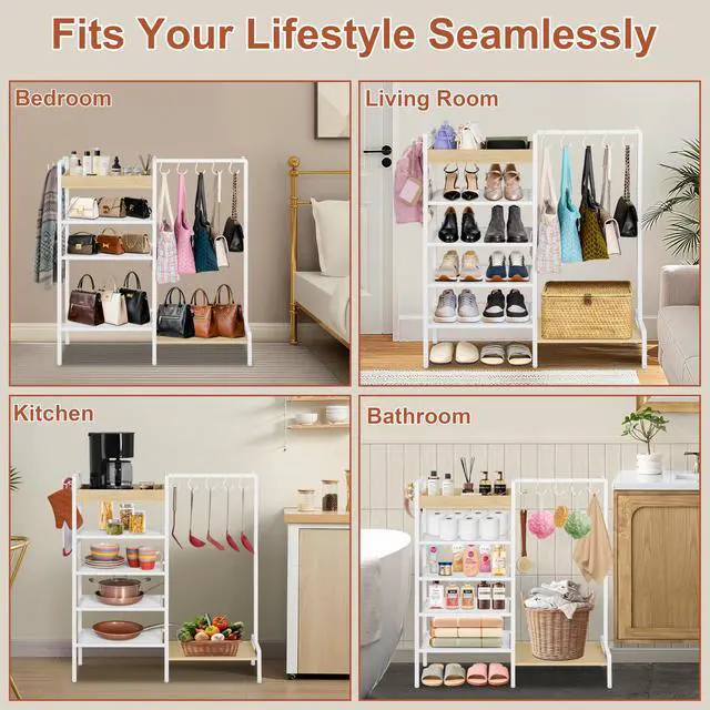 Alt view image 6 of 6 - 2-in-1 Shoe Rack for Closet with Purse Organizer, 5 Tier Shoes Shelf with Wooden Tray and Removable Shelves, Storage Organizer for Entryway, Garage, Hold Boots, Backpacks, White