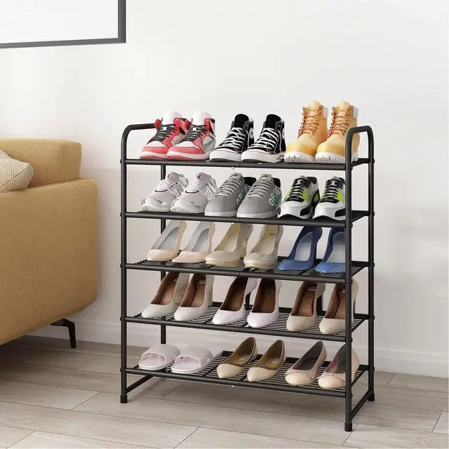Alt view image 2 of 7 - 5-Tier Stackable Shoe Rack, Expandable & Adjustable Shoe Organizer Storage Shelf, Wire Grid, Black