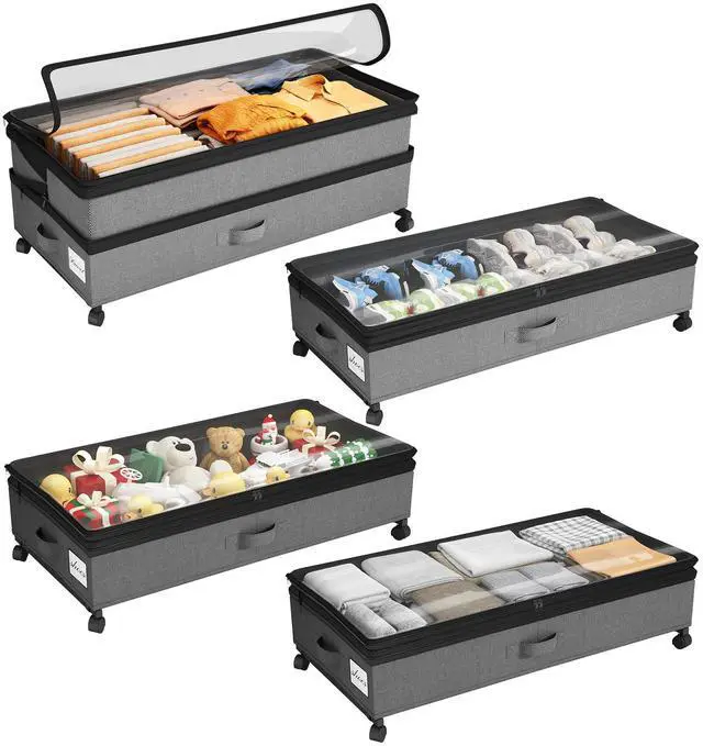 Main image of 4 Pack Height-adjustable Under Bed Storage with Wheels, Under Bed Storage Containers,Under Bed Shoe Storage Organizer with Clear Window&Label, Suitable for Clothes Storage, Gray