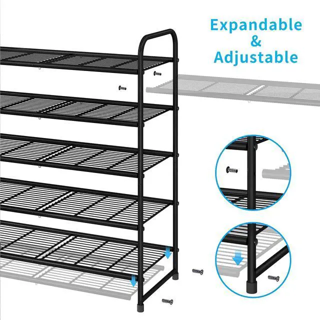 Alt view image 3 of 7 - 5-Tier Stackable Shoe Rack, Expandable & Adjustable Shoe Organizer Storage Shelf, Wire Grid, Black