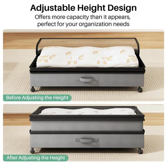 Alt view image 3 of 7 - 4 Pack Height-adjustable Under Bed Storage with Wheels, Under Bed Storage Containers,Under Bed Shoe Storage Organizer with Clear Window&Label, Suitable for Clothes Storage, Gray