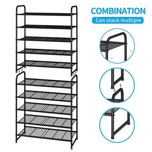 Alt view image 4 of 7 - 5-Tier Stackable Shoe Rack, Expandable & Adjustable Shoe Organizer Storage Shelf, Wire Grid, Black
