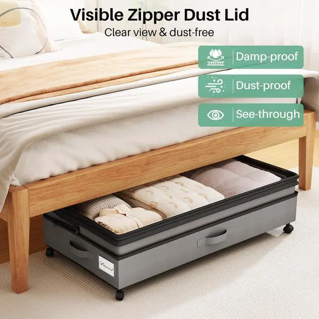 Alt view image 5 of 7 - 4 Pack Height-adjustable Under Bed Storage with Wheels, Under Bed Storage Containers,Under Bed Shoe Storage Organizer with Clear Window&Label, Suitable for Clothes Storage, Gray