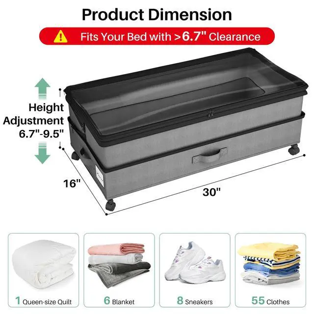 Alt view image 2 of 7 - 4 Pack Height-adjustable Under Bed Storage with Wheels, Under Bed Storage Containers,Under Bed Shoe Storage Organizer with Clear Window&Label, Suitable for Clothes Storage, Gray