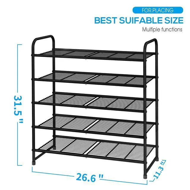 Alt view image 7 of 7 - 5-Tier Stackable Shoe Rack, Expandable & Adjustable Shoe Organizer Storage Shelf, Wire Grid, Black