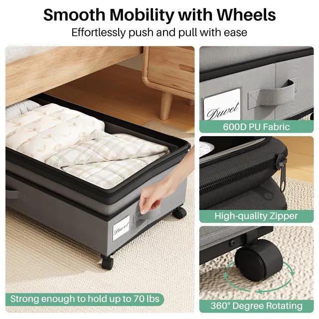 Alt view image 4 of 7 - 4 Pack Height-adjustable Under Bed Storage with Wheels, Under Bed Storage Containers,Under Bed Shoe Storage Organizer with Clear Window&Label, Suitable for Clothes Storage, Gray