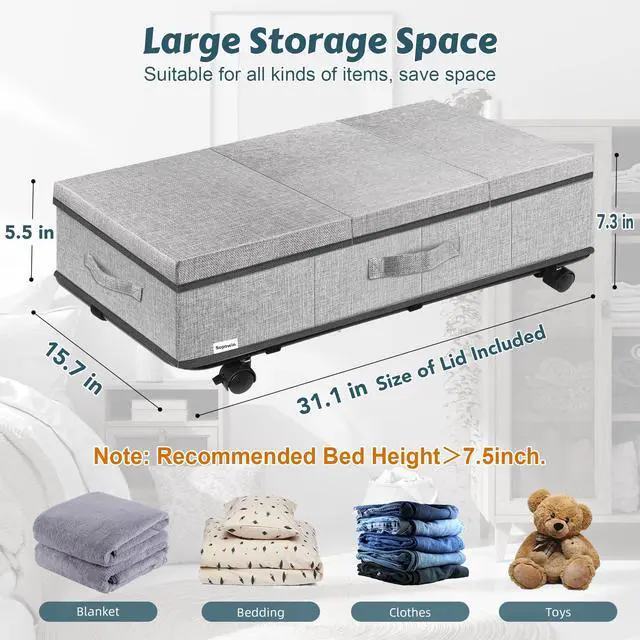 Alt view image 2 of 6 - Under Bed Storage with Wheels, Rolling Underbed Storage Containers with Lids, Under Bed Shoe Storage Bins Organizer with Reinforced Metal Bottom Support and Three Handles