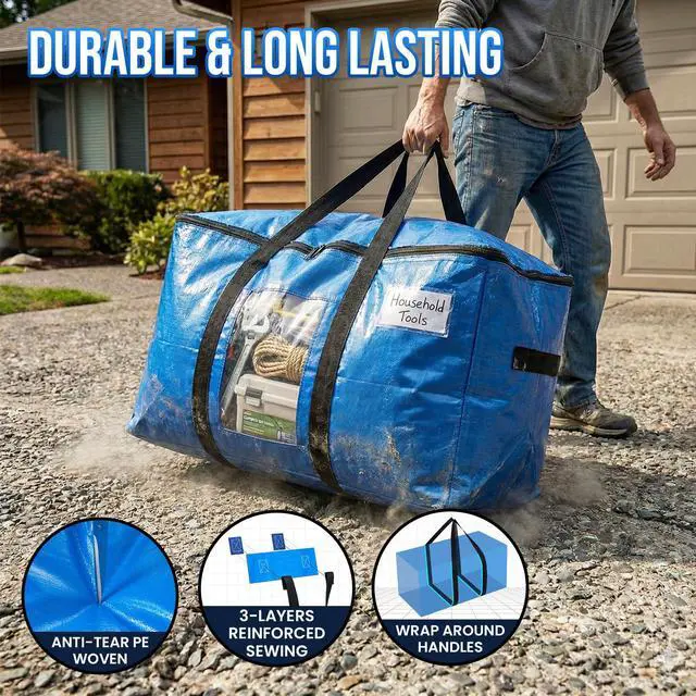 Alt view image 3 of 7 - Extra Large Moving Bags, 8 Pack Blue Heavy Duty Totes For Storage with Visible Window, Wrap Around Handles, Storage Bags for Space Saving, Alternative to Moving Boxes