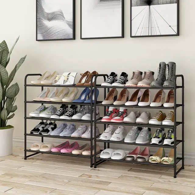 Alt view image 6 of 7 - 5-Tier Stackable Shoe Rack, Expandable & Adjustable Shoe Organizer Storage Shelf, Wire Grid, Black