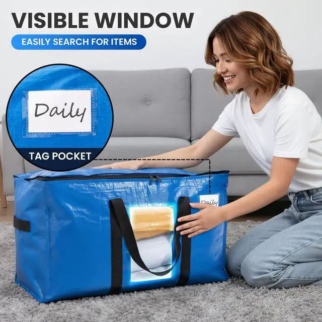 Alt view image 5 of 7 - Extra Large Moving Bags, 8 Pack Blue Heavy Duty Totes For Storage with Visible Window, Wrap Around Handles, Storage Bags for Space Saving, Alternative to Moving Boxes