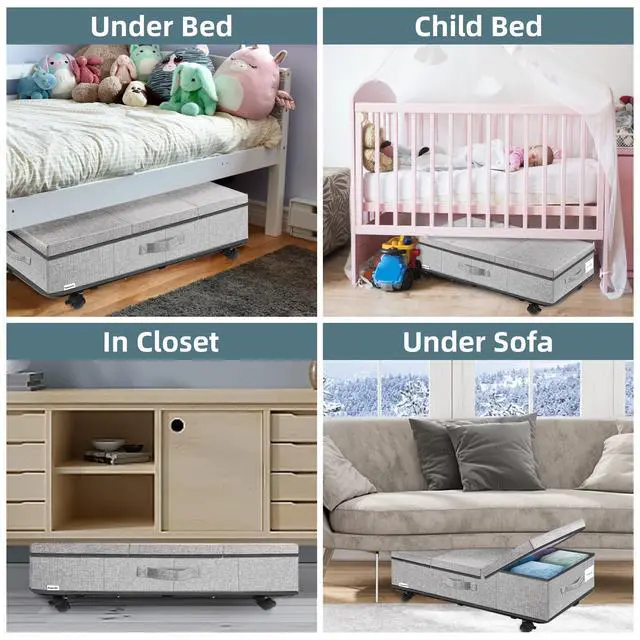 Alt view image 6 of 6 - Under Bed Storage with Wheels, Rolling Underbed Storage Containers with Lids, Under Bed Shoe Storage Bins Organizer with Reinforced Metal Bottom Support and Three Handles