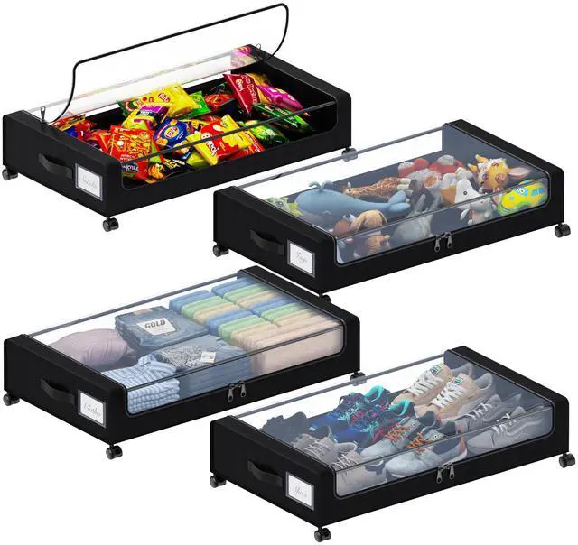 Main image of Under Bed Storage with Wheels, XXL 60L Under the Bed Storage Bins, Underbed Storage Containers with Lids & Label, Rolling Metal Drawer for Shoes, Clothes, Books, Toys (4-Pack Black)
