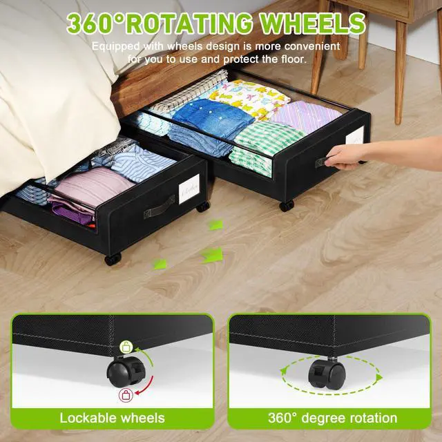 Alt view image 3 of 6 - Under Bed Storage with Wheels, XXL 60L Under the Bed Storage Bins, Underbed Storage Containers with Lids & Label, Rolling Metal Drawer for Shoes, Clothes, Books, Toys (4-Pack Black)
