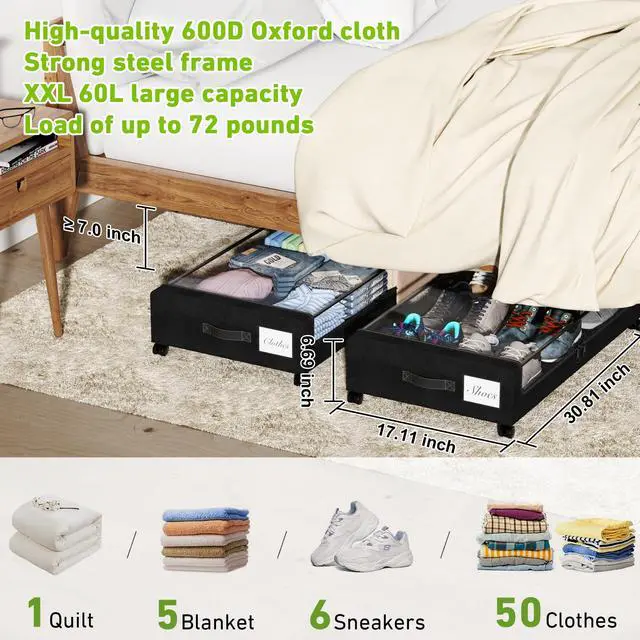 Alt view image 2 of 6 - Under Bed Storage with Wheels, XXL 60L Under the Bed Storage Bins, Underbed Storage Containers with Lids & Label, Rolling Metal Drawer for Shoes, Clothes, Books, Toys (4-Pack Black)