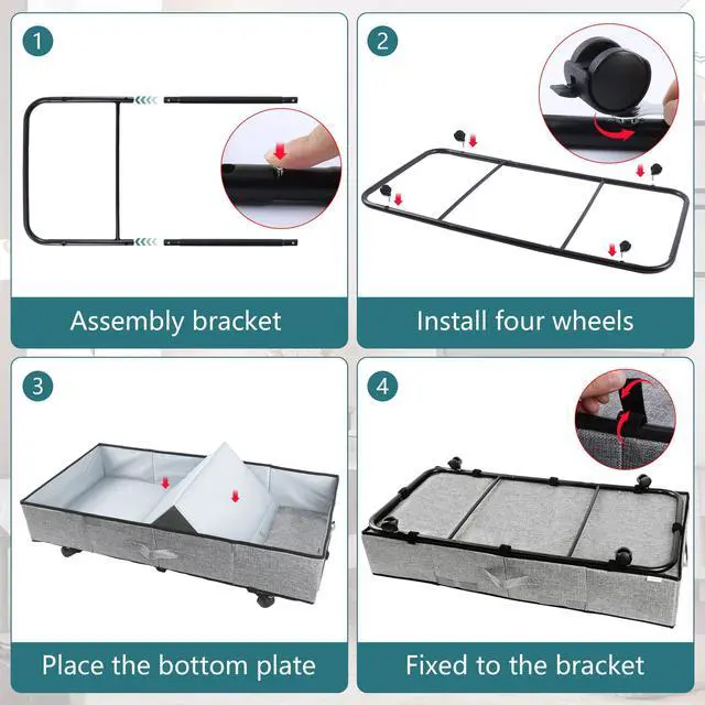 Alt view image 4 of 6 - Under Bed Storage with Wheels, Rolling Underbed Storage Containers with Lids, Under Bed Shoe Storage Bins Organizer with Reinforced Metal Bottom Support and Three Handles