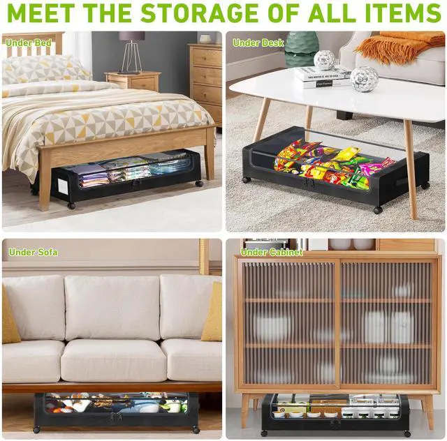 Alt view image 5 of 6 - Under Bed Storage with Wheels, XXL 60L Under the Bed Storage Bins, Underbed Storage Containers with Lids & Label, Rolling Metal Drawer for Shoes, Clothes, Books, Toys (4-Pack Black)