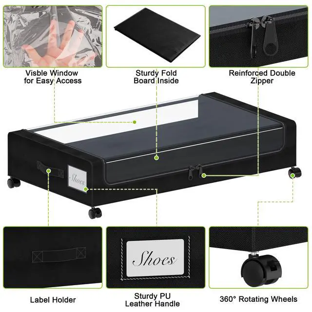 Alt view image 4 of 6 - Under Bed Storage with Wheels, XXL 60L Under the Bed Storage Bins, Underbed Storage Containers with Lids & Label, Rolling Metal Drawer for Shoes, Clothes, Books, Toys (4-Pack Black)