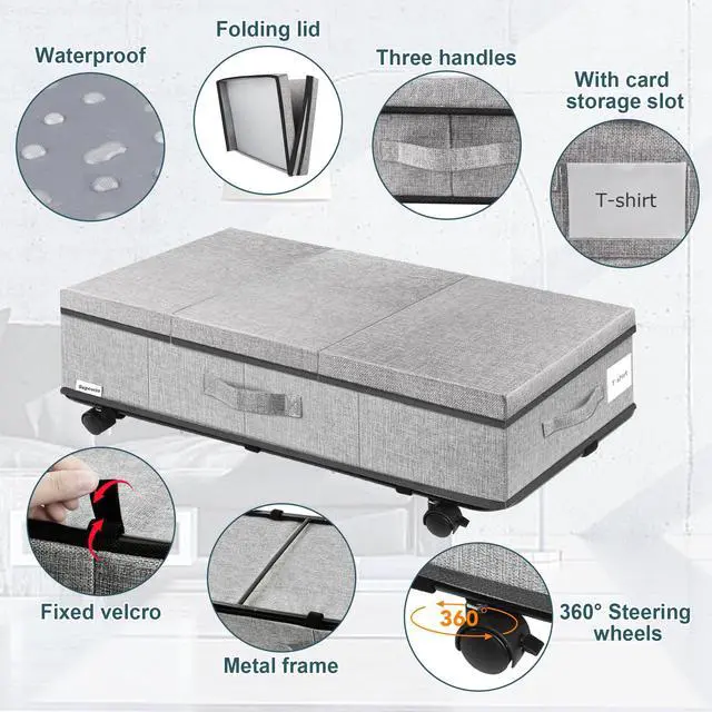 Alt view image 3 of 6 - Under Bed Storage with Wheels, Rolling Underbed Storage Containers with Lids, Under Bed Shoe Storage Bins Organizer with Reinforced Metal Bottom Support and Three Handles
