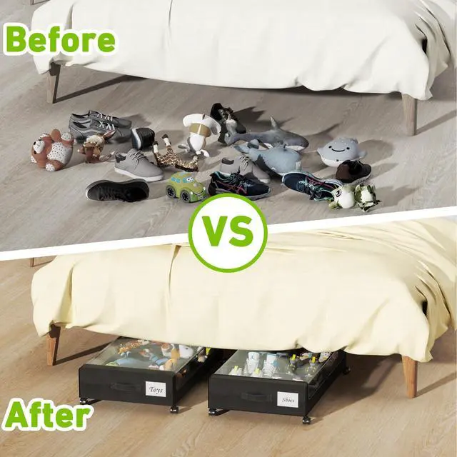 Alt view image 6 of 6 - Under Bed Storage with Wheels, XXL 60L Under the Bed Storage Bins, Underbed Storage Containers with Lids & Label, Rolling Metal Drawer for Shoes, Clothes, Books, Toys (4-Pack Black)