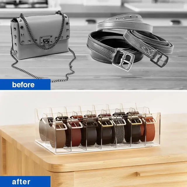 Alt view image 3 of 6 - Large Acrylic Belt Organizer, Clear 14 Compartments Storage with Dust Cover, Display Holder for Home