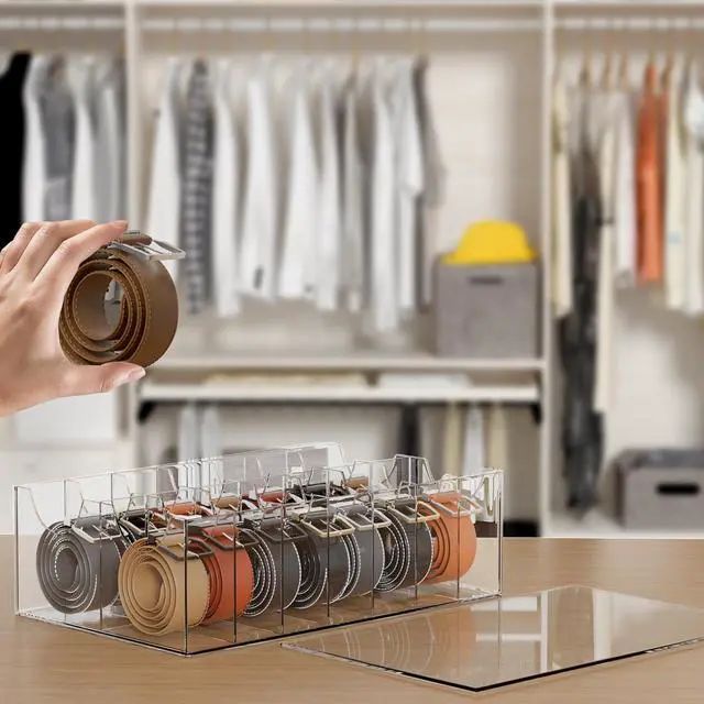 Alt view image 5 of 6 - Large Acrylic Belt Organizer, Clear 14 Compartments Storage with Dust Cover, Display Holder for Home