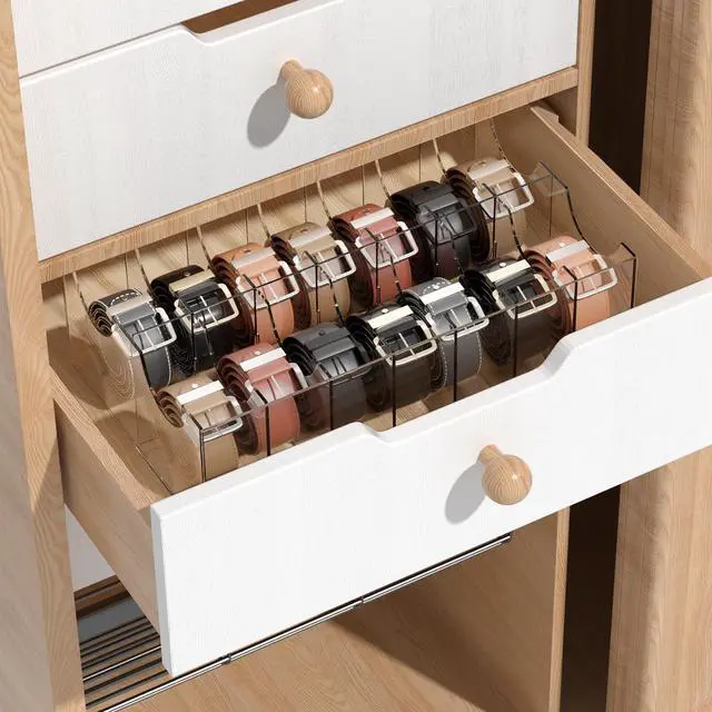 Alt view image 6 of 6 - Large Acrylic Belt Organizer, Clear 14 Compartments Storage with Dust Cover, Display Holder for Home