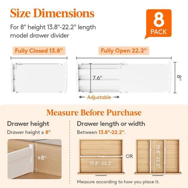 Alt view image 2 of 7 - 8" Tall 8 Pack Drawer Dividers, 13.8"-22.2" Adjustable Deep Drawer Organizer Clothes, Expandable White Plastic Separators for Dresser, Kitchen, Cabinet, Closet, Office Organization & Storage