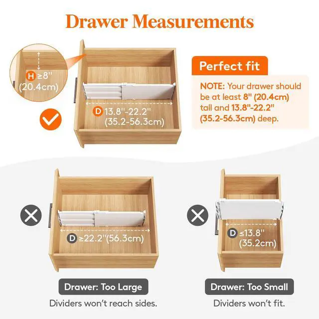 Alt view image 3 of 7 - 8" Tall 8 Pack Drawer Dividers, 13.8"-22.2" Adjustable Deep Drawer Organizer Clothes, Expandable White Plastic Separators for Dresser, Kitchen, Cabinet, Closet, Office Organization & Storage