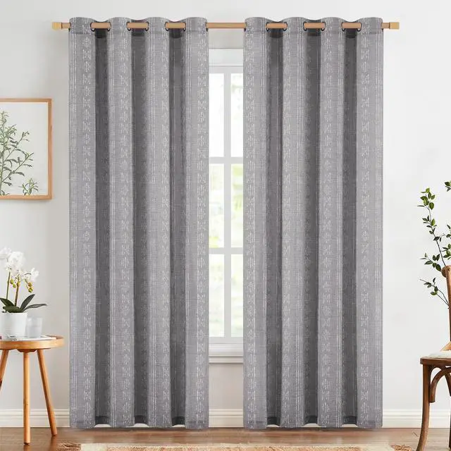 Alt view image 2 of 7 - Boho Curtains for Living Room Farmhouse Grey Curtains 84 Inch Length for Bedroom Grommet Semi Sheer Drapes Geometric Striped Printed Mudcloth Light Filtering 2 Panels Set