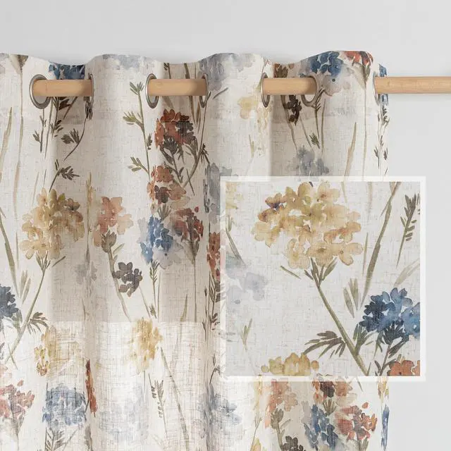 Main image of Floral Linen Curtains 84 inch Length 2 Panels Set Summer Flower Patterned Semi Sheer Light Filtering Privacy Farmhouse Grommet Drapes for Living/Dining Room, Yellow, W52 x L84, Pack-2
