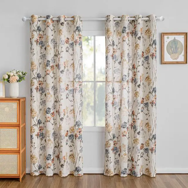 Alt view image 2 of 7 - Floral Linen Curtains 84 inch Length 2 Panels Set Summer Flower Patterned Semi Sheer Light Filtering Privacy Farmhouse Grommet Drapes for Living/Dining Room, Yellow, W52 x L84, Pack-2
