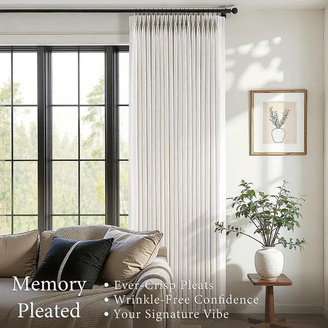 Alt view image 2 of 7 - Pinch Pleated Linen Curtains 90 Inches Long for Living Dining Room Bedroom 2 Panel Set Natural Cream Birch Pinch Pleat Curtain 90 Inch Neutral Boho Floor to Ceiling Curtains Semi Sheer Linen Drapes