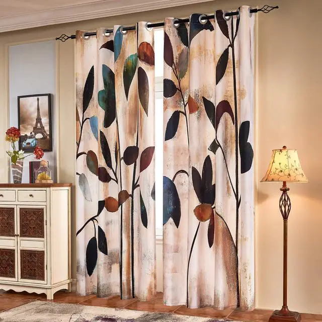 Main image of Light Flitering Curtains 52Wx95L, Room Darkening Vibrant Floral Drapes, 50% Blackout, Semi Sheer Boho Farmhouse Curtains for Living Room, Brown