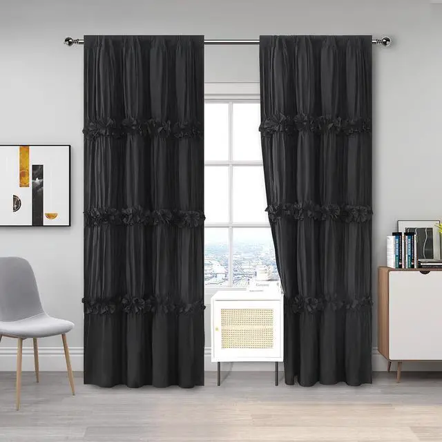 Main image of Thermal Insulated Blackout Window Curtains, Boho Ruched Window Treatments with 3 Rows of Butterfly Flowers, Rustic Rod Pocket Drapes for Room, 54" W x 84" L, 2 Panels, Black(LQ-30)