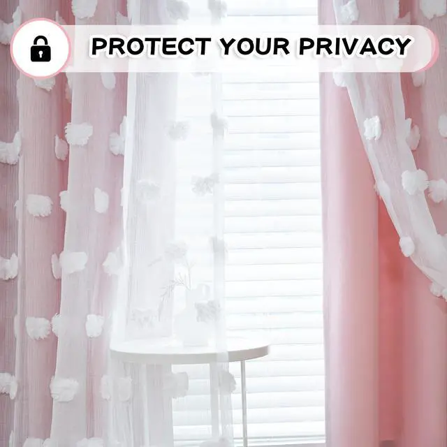 Alt view image 5 of 7 - Pink Curtains for Girls Bedroom 84 Inches Long Blackout Nursery Curtains Double Layer Pom Pom Sheer Overlay Kids Toddler Room Decor Grommet Privacy Room Darkening Window Drapes 52 x 84 Inch