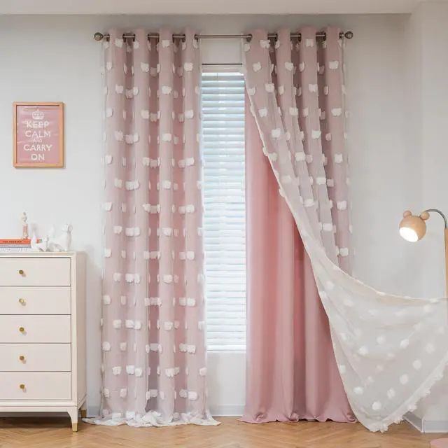 Main image of Pink Curtains for Girls Bedroom 84 Inches Long Blackout Nursery Curtains Double Layer Pom Pom Sheer Overlay Kids Toddler Room Decor Grommet Privacy Room Darkening Window Drapes 52 x 84 Inch