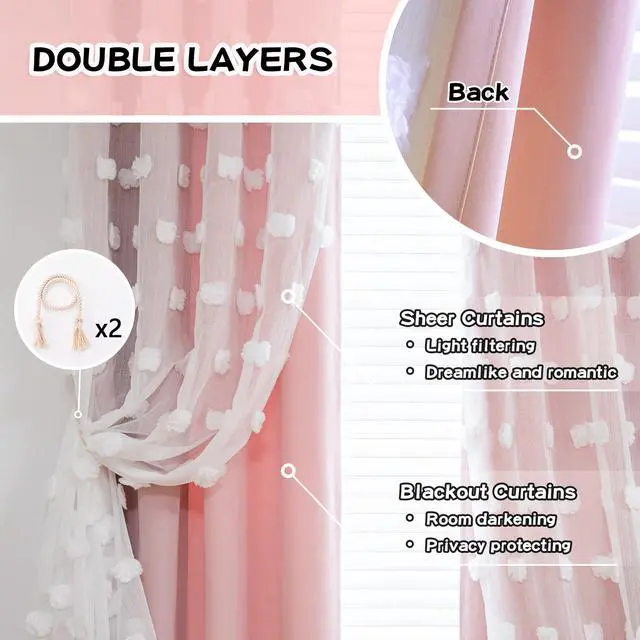 Alt view image 3 of 7 - Pink Curtains for Girls Bedroom 84 Inches Long Blackout Nursery Curtains Double Layer Pom Pom Sheer Overlay Kids Toddler Room Decor Grommet Privacy Room Darkening Window Drapes 52 x 84 Inch