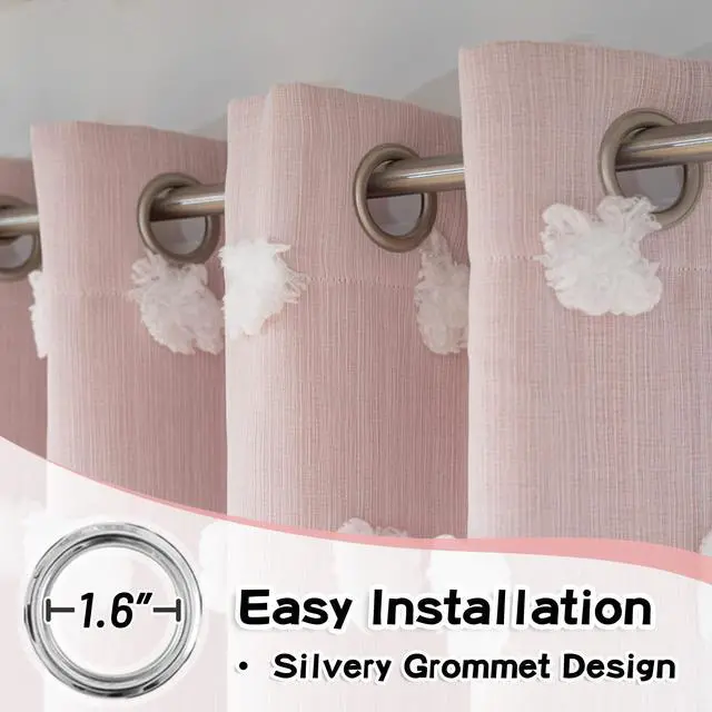 Alt view image 2 of 7 - Pink Curtains for Girls Bedroom 84 Inches Long Blackout Nursery Curtains Double Layer Pom Pom Sheer Overlay Kids Toddler Room Decor Grommet Privacy Room Darkening Window Drapes 52 x 84 Inch
