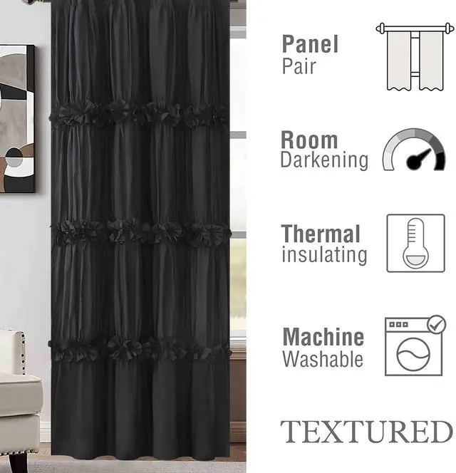 Alt view image 2 of 7 - Thermal Insulated Blackout Window Curtains, Boho Ruched Window Treatments with 3 Rows of Butterfly Flowers, Rustic Rod Pocket Drapes for Room, 54" W x 84" L, 2 Panels, Black(LQ-30)